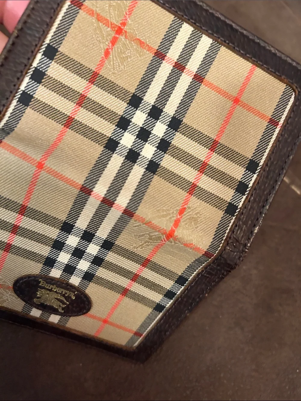 Burberry Beige Check Bifold Wallet with Brown Trim and Red Accents